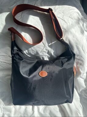 Longchamp Nylon Crossbody Shoulder Bag in Black with Brown Trim